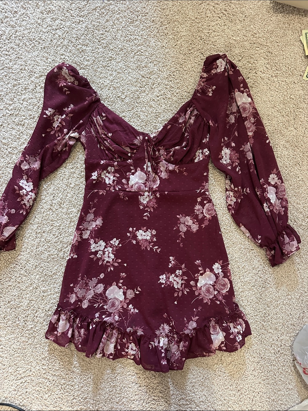B Darlin Burgundy Floral Long-Sleeve Mini Dress